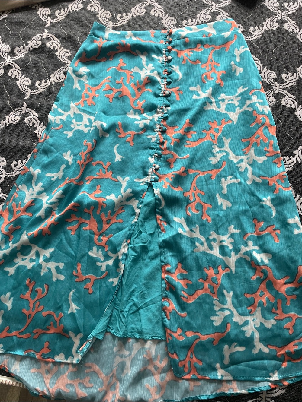 Anthropologie Turquoise and Coral Printed Midi Skirt